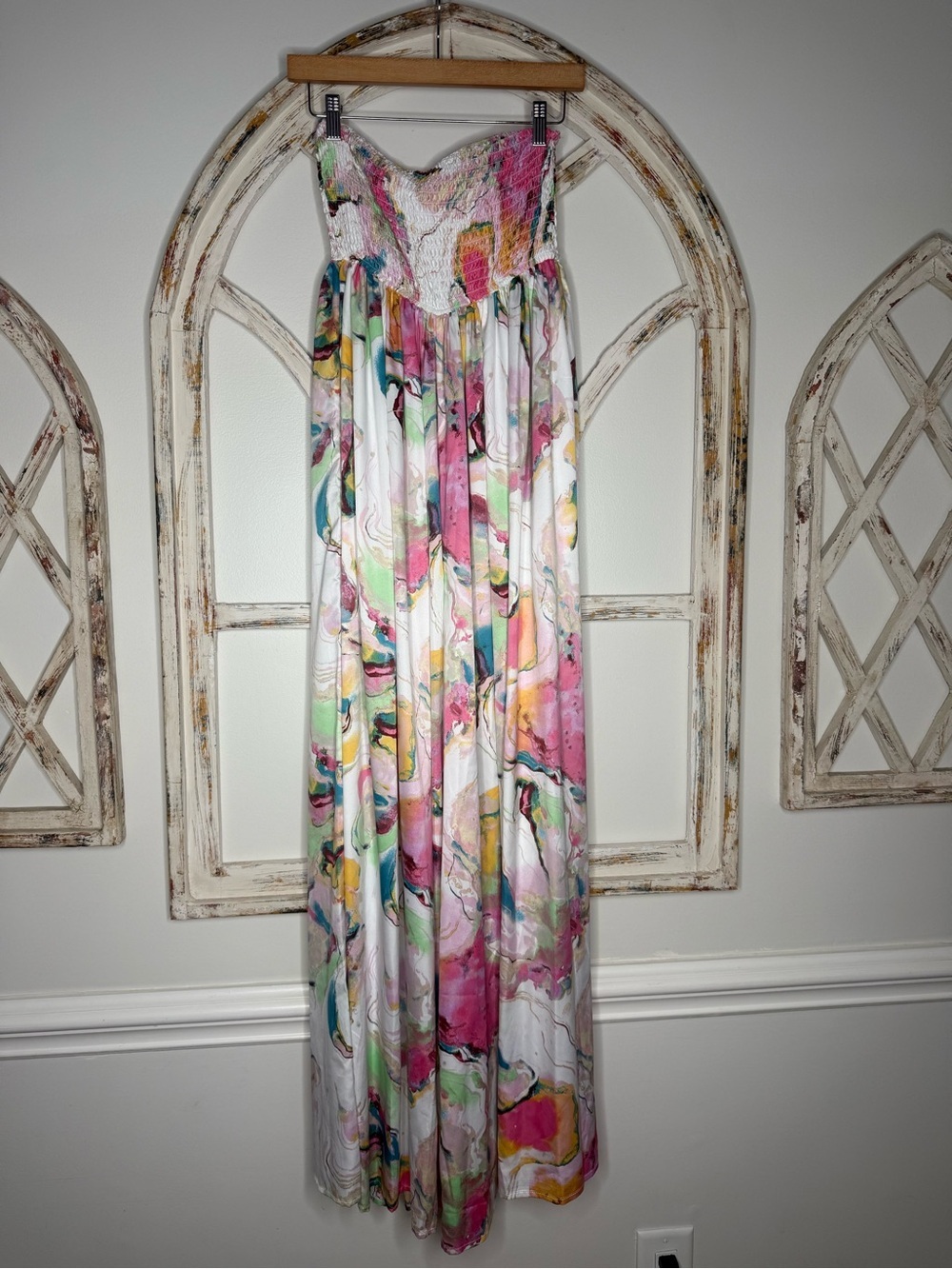 NWT Her and Mine Strapless Marble Print Maxi Dress in Pastel Watercolor- Sz Med